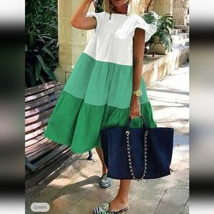 Green and White Color Block Dress